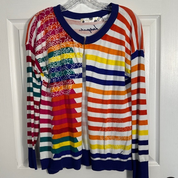 Desigual "Beatriz" sweater, Lg, white with multi stripes/florals, open front - Picture 1 of 12